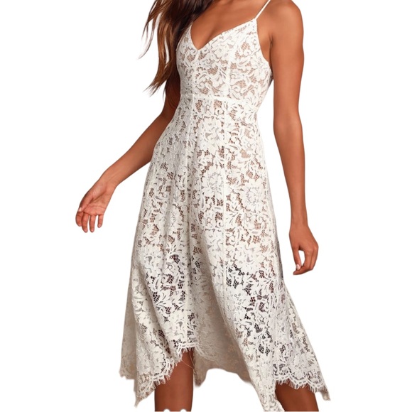 Lulus Dresses & Skirts - Lulu's White Floral Lace One Wish Midi Dress Sz Large V-Neck Cocktail Wedding